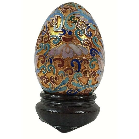 Vintage Chinese Egg Cloisonné Enamel on Brass on Stand 3" - Picture 3 of 7